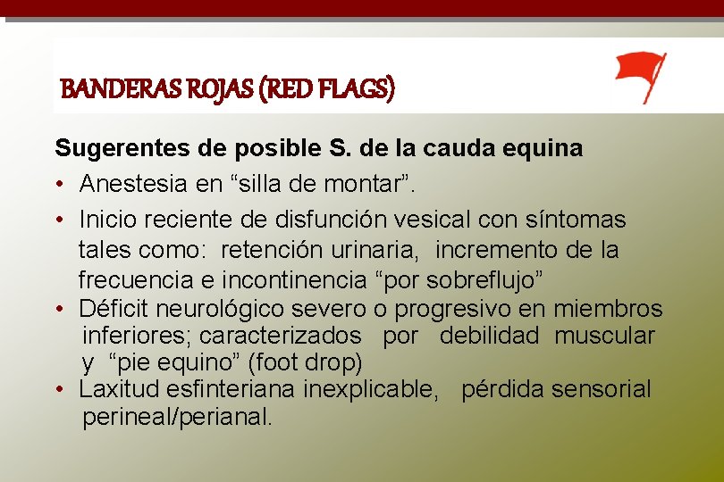 BANDERAS ROJAS (RED FLAGS) Sugerentes de posible S. de la cauda equina • Anestesia
