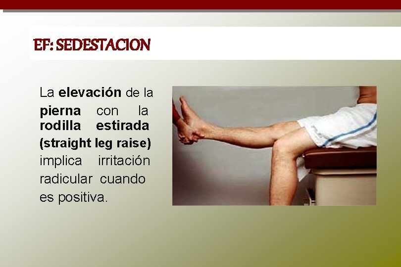 EF: SEDESTACION La elevación de la pierna con la rodilla estirada (straight leg raise)