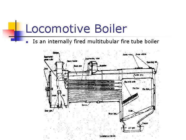 Locomotive Boiler n Is an internally fired multitubular fire tube boiler 