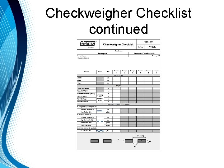 Checkweigher Checklist continued Checkweigher Checklist continued