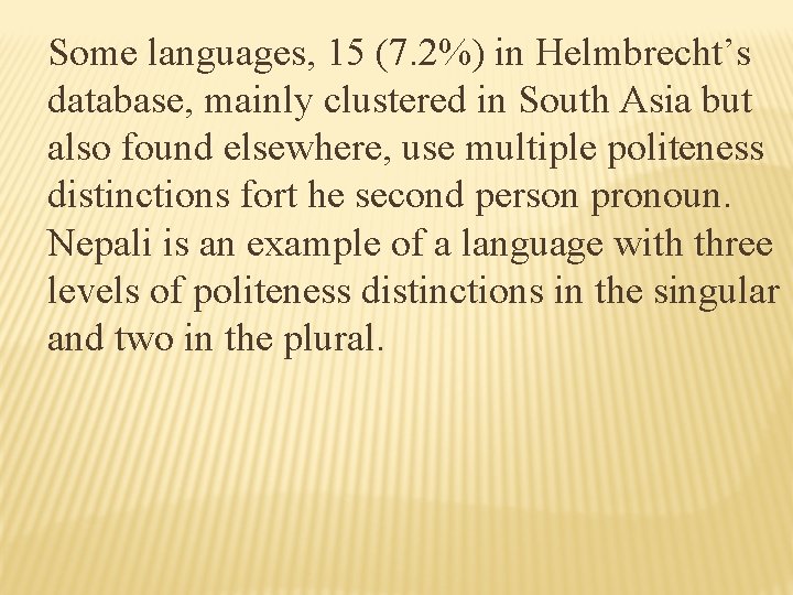 Some languages, 15 (7. 2%) in Helmbrecht’s database, mainly clustered in South Asia but