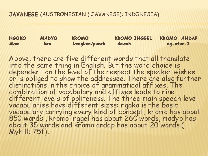 JAVANESE (AUSTRONESIAN ( JAVANESE): INDONESIA) NGOKO Akon MADYO ken KROMO kengken/pureh KROMO INGGEL dawoh