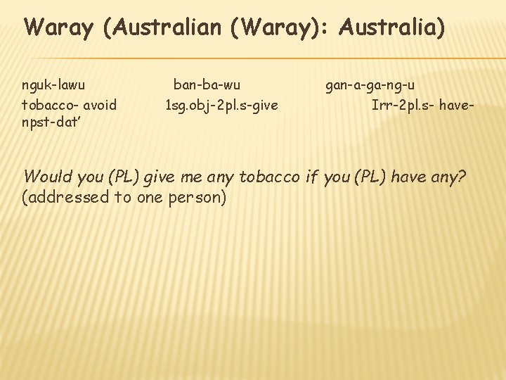 Waray (Australian (Waray): Australia) nguk-lawu tobacco- avoid npst-dat’ ban-ba-wu 1 sg. obj-2 pl. s-give
