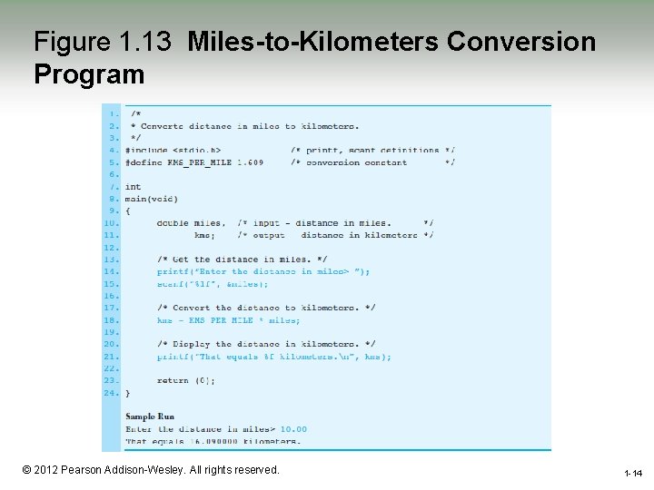 Figure 1. 13 Miles-to-Kilometers Conversion Program 1 -14 © 2012 Pearson Addison-Wesley. All rights