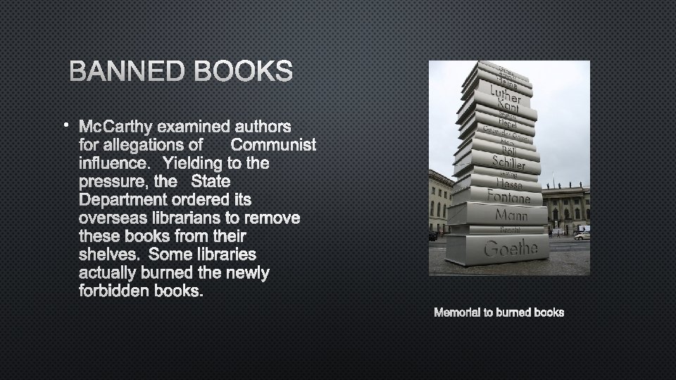 BANNED BOOKS • MCCARTHY EXAMINED AUTHORS FOR ALLEGATIONS OF COMMUNIST INFLUENCE. YIELDING TO THE