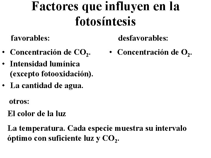 Factores que influyen en la fotosíntesis favorables: • Concentración de CO 2. • Intensidad