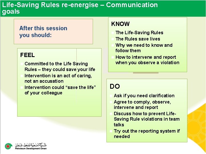 Life-Saving Rules re-energise – Communication goals After this session you should: FEEL Committed to