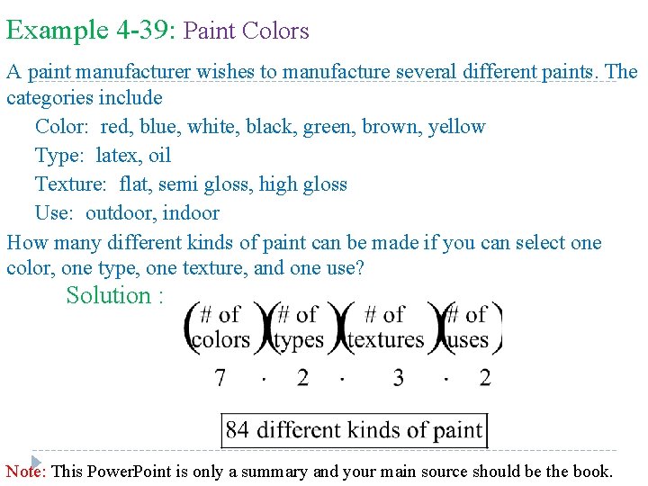 Example 4 -39: Paint Colors A paint manufacturer wishes to manufacture several different paints.
