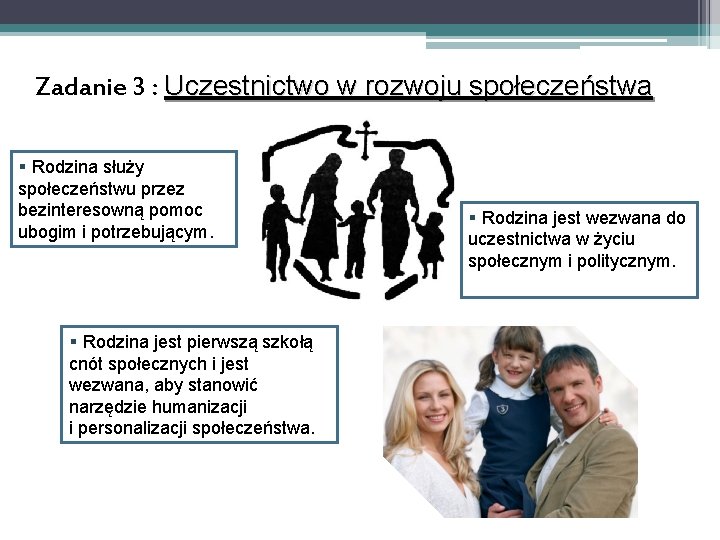 Zadanie 3 : Uczestnictwo w rozwoju społeczeństwa § Rodzina służy społeczeństwu przez bezinteresowną pomoc