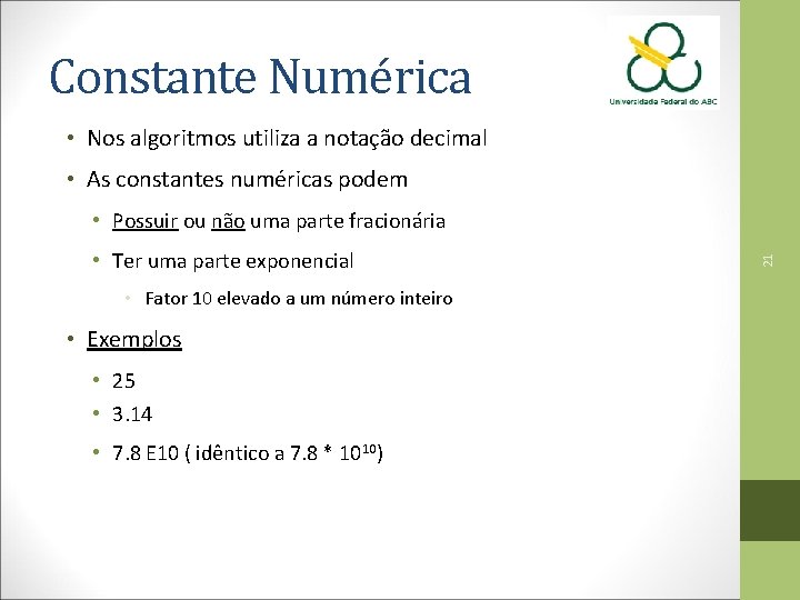 Constante Numérica • Nos algoritmos utiliza a notação decimal • As constantes numéricas podem