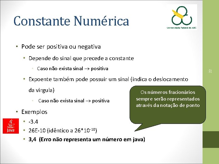 Constante Numérica • Pode ser positiva ou negativa • Depende do sinal que precede