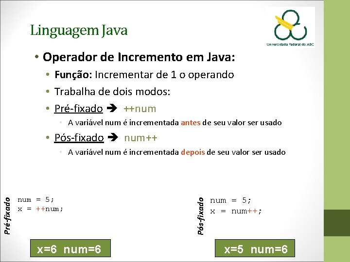 Linguagem Java • Operador de Incremento em Java: • Função: Incrementar de 1 o