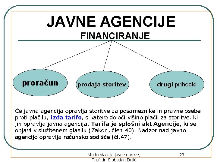 JAVNE AGENCIJE FINANCIRANJE proračun prodaja storitev drugi prihodki Če javna agencija opravlja storitve za