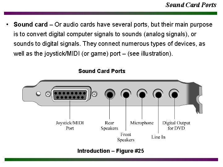 Sound Card Ports • Sound card – Or audio cards have several ports, but