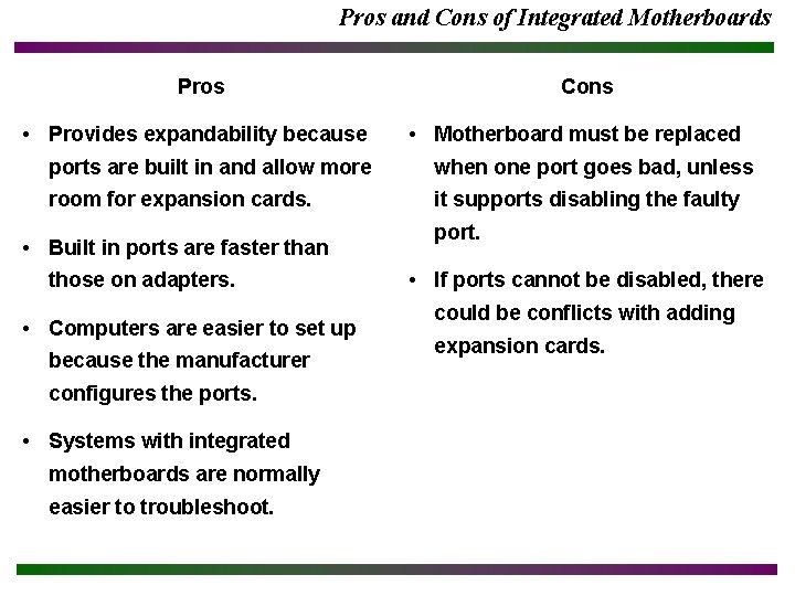 Pros and Cons of Integrated Motherboards Pros • Provides expandability because Cons • Motherboard