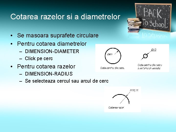 Cotarea razelor si a diametrelor • Se masoara suprafete circulare • Pentru cotarea diametrelor Cotarea razelor si a diametrelor • Se masoara suprafete circulare • Pentru cotarea diametrelor