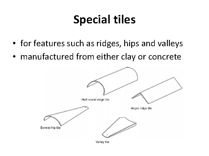 Special tiles • for features such as ridges, hips and valleys • manufactured from