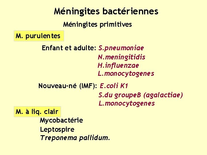 Méningites bactériennes Méningites primitives M. purulentes Enfant et adulte: S. pneumoniae N. meningitidis H.