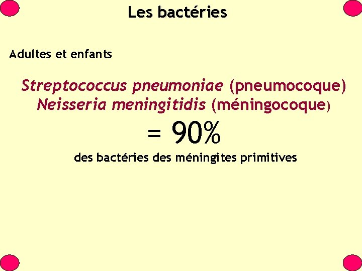 Les bactéries Adultes et enfants Streptococcus pneumoniae (pneumocoque) Neisseria meningitidis (méningocoque) = 90% des