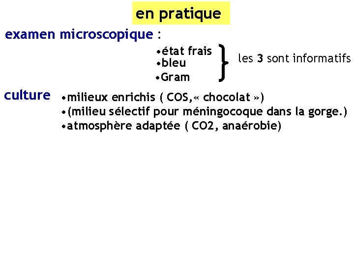 en pratique examen microscopique : • état frais • bleu • Gram les 3
