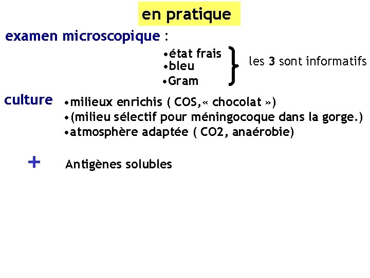 en pratique examen microscopique : • état frais • bleu • Gram les 3