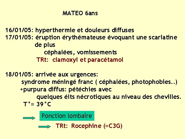 MATEO 6 ans 16/01/05: hyperthermie et douleurs diffuses 17/01/05: éruption érythémateuse évoquant une scarlatine