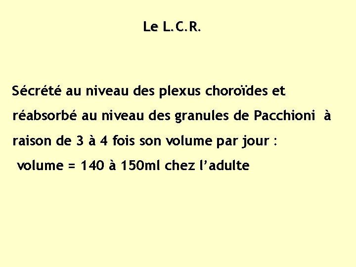 Le L. C. R. Sécrété au niveau des plexus choroïdes et réabsorbé au niveau