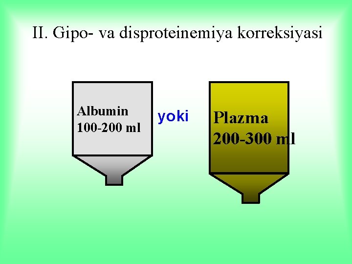 II. Gipo- va disproteinemiya korreksiyasi Albumin 100 -200 ml yoki Plazma 200 -300 ml