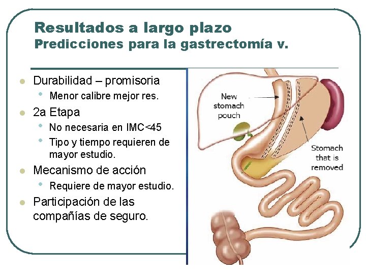 Resultados a largo plazo Predicciones para la gastrectomía v. l l Durabilidad – promisoria