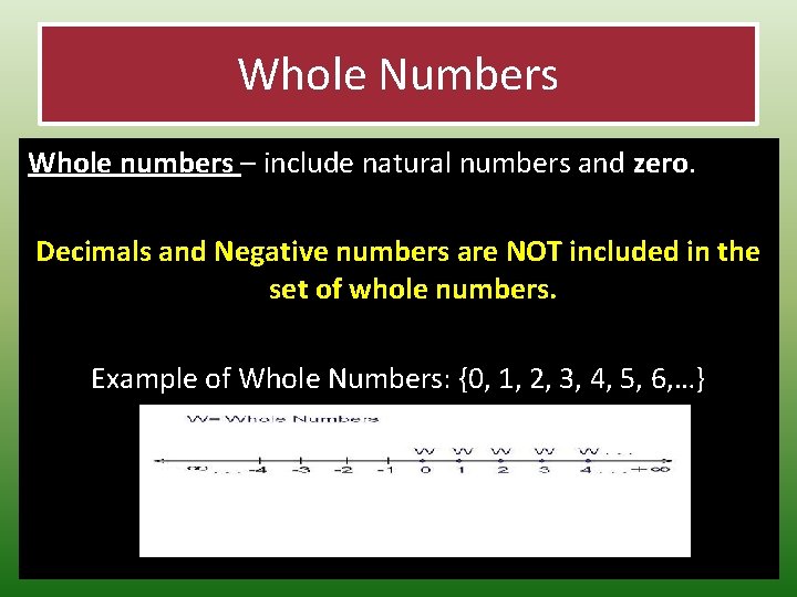 Whole Numbers Whole numbers – include natural numbers and zero. Decimals and Negative numbers