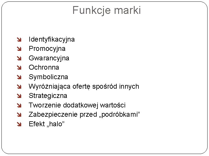 Funkcje marki î î î î î Identyfikacyjna Promocyjna Gwarancyjna Ochronna Symboliczna Wyróżniająca ofertę