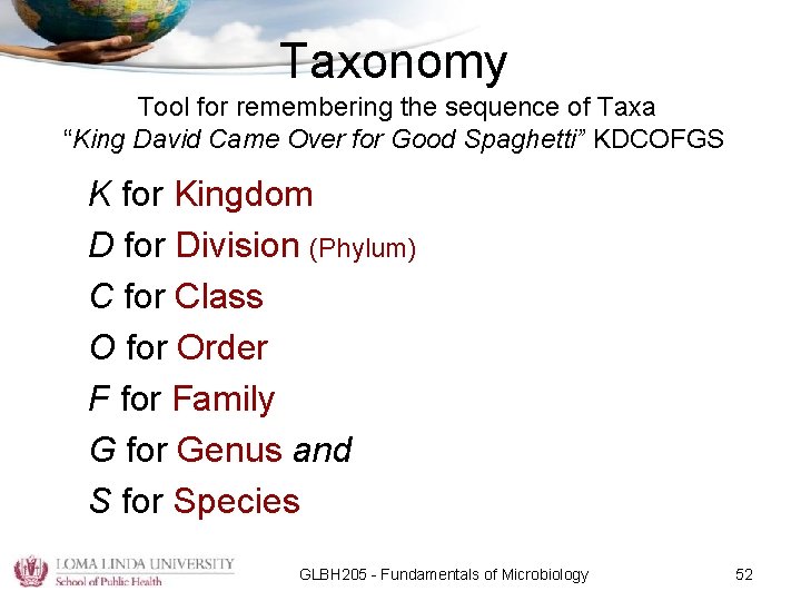 Taxonomy Tool for remembering the sequence of Taxa “King David Came Over for Good