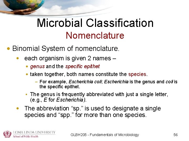 Microbial Classification Nomenclature • Binomial System of nomenclature. • each organism is given 2
