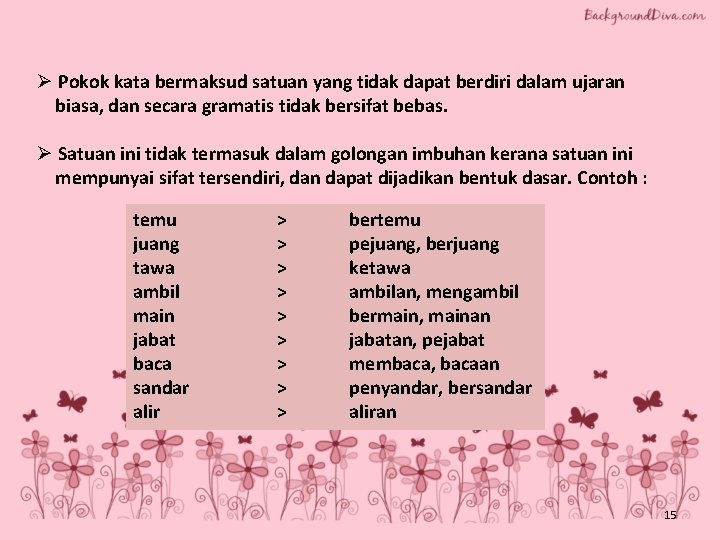 Ø Pokok kata bermaksud satuan yang tidak dapat berdiri dalam ujaran biasa, dan secara Ø Pokok kata bermaksud satuan yang tidak dapat berdiri dalam ujaran biasa, dan secara