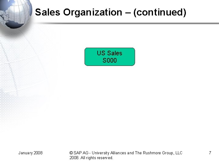 Sales Organization – (continued) US Sales S 000 January 2008 © SAP AG - Sales Organization – (continued) US Sales S 000 January 2008 © SAP AG -