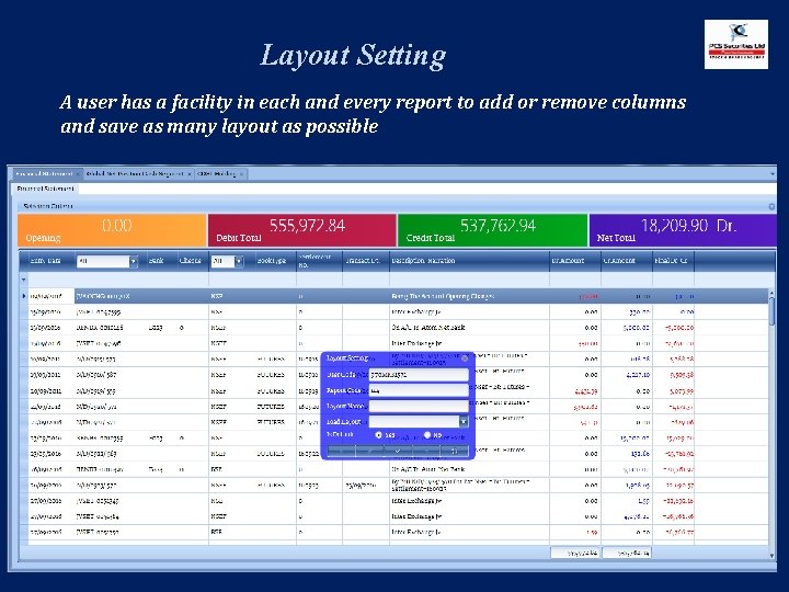 Layout Setting A user has a facility in each and every report to add