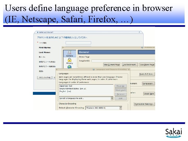 Users define language preference in browser (IE, Netscape, Safari, Firefox, …) 