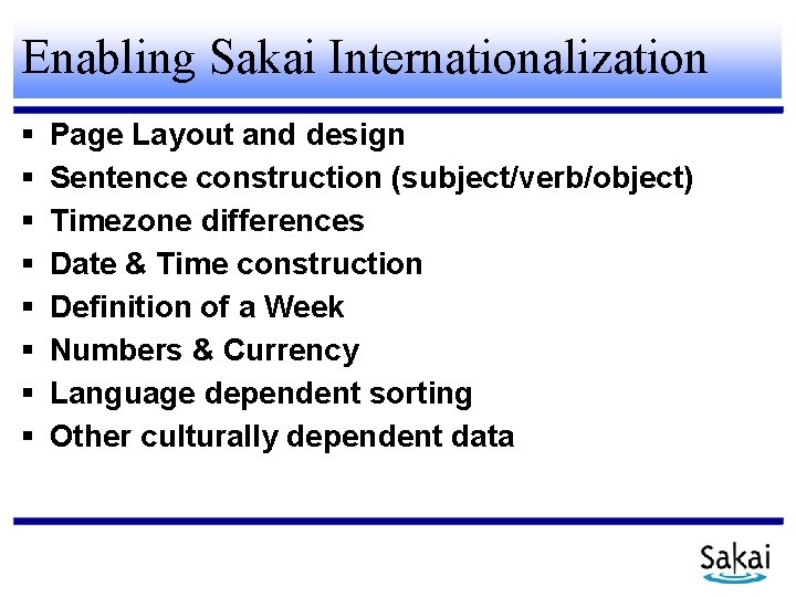 Enabling Sakai Internationalization Page Layout and design Sentence construction (subject/verb/object) Timezone differences Date &