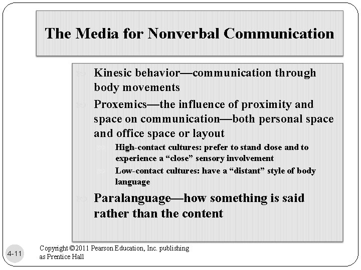 The Media for Nonverbal Communication Kinesic behavior—communication through body movements Proxemics—the influence of proximity