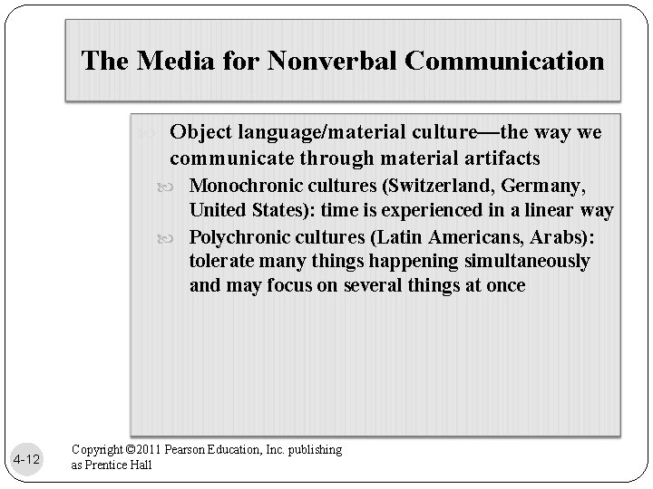 The Media for Nonverbal Communication Object language/material culture—the way we communicate through material artifacts