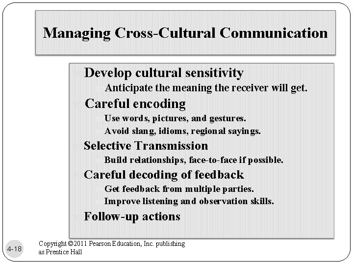Managing Cross-Cultural Communication Develop cultural sensitivity Anticipate the meaning the receiver will get. Careful
