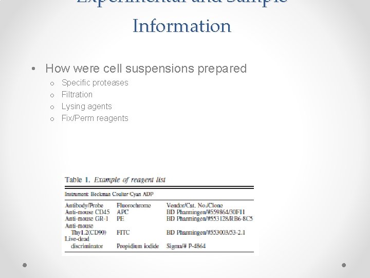 Experimental and Sample Information • How were cell suspensions prepared o o Specific proteases