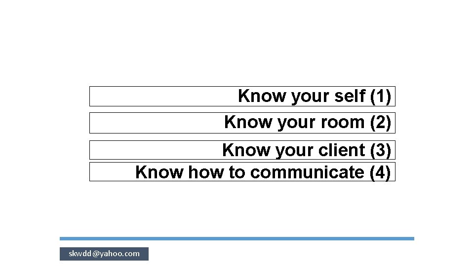 Know your self (1) Know your room (2) Know your client (3) Know how