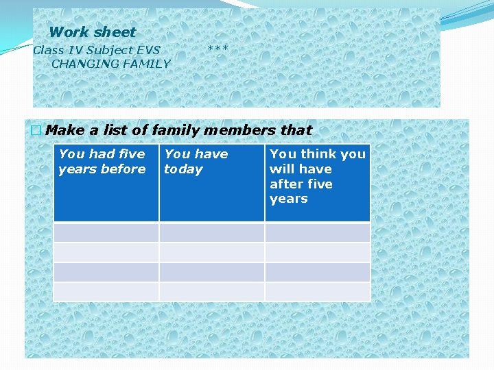  Work sheet Class IV Subject EVS CHANGING FAMILY *** � Make a list