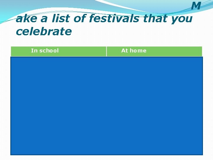  M ake a list of festivals that you celebrate In school At home