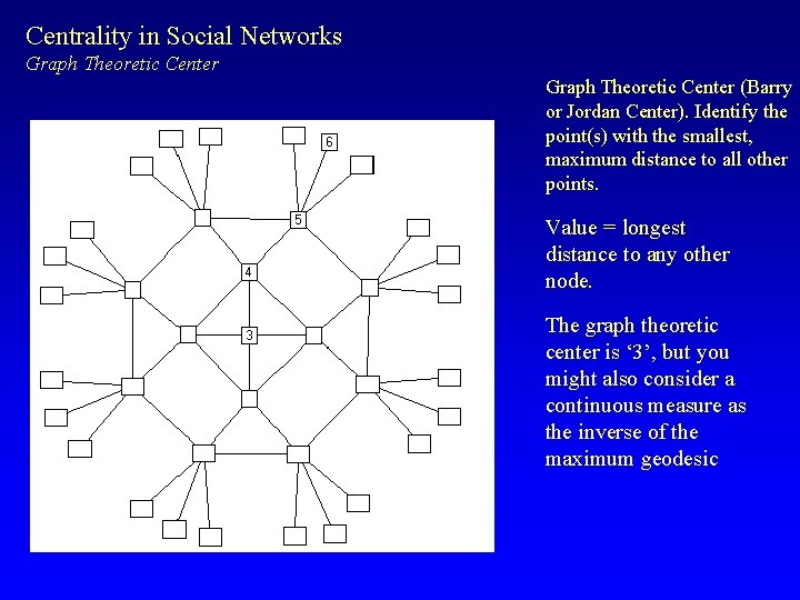 Centrality in Social Networks Graph Theoretic Center (Barry or Jordan Center). Identify the point(s)