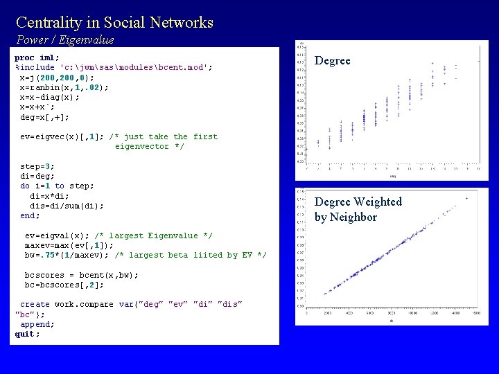 Centrality in Social Networks Power / Eigenvalue proc iml; %include 'c: jwmsasmodulesbcent. mod'; x=j(200,