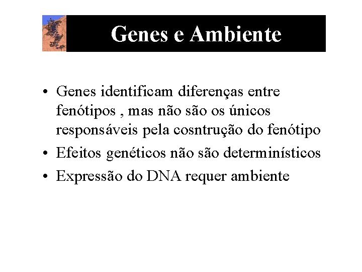 Genes e Ambiente • Genes identificam diferenças entre fenótipos , mas não são os