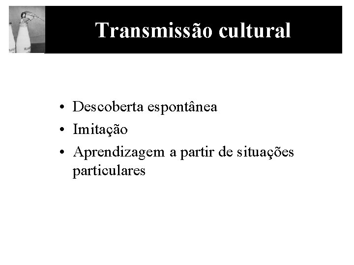 Transmissão cultural • Descoberta espontânea • Imitação • Aprendizagem a partir de situações particulares