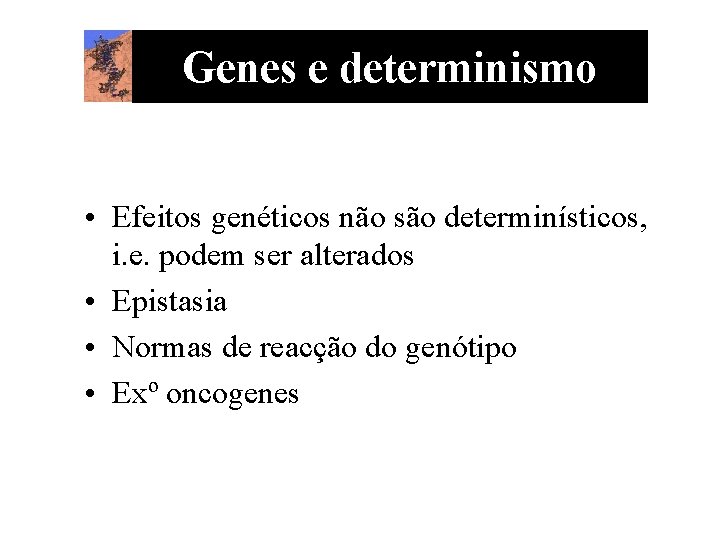 Genes e determinismo • Efeitos genéticos não são determinísticos, i. e. podem ser alterados